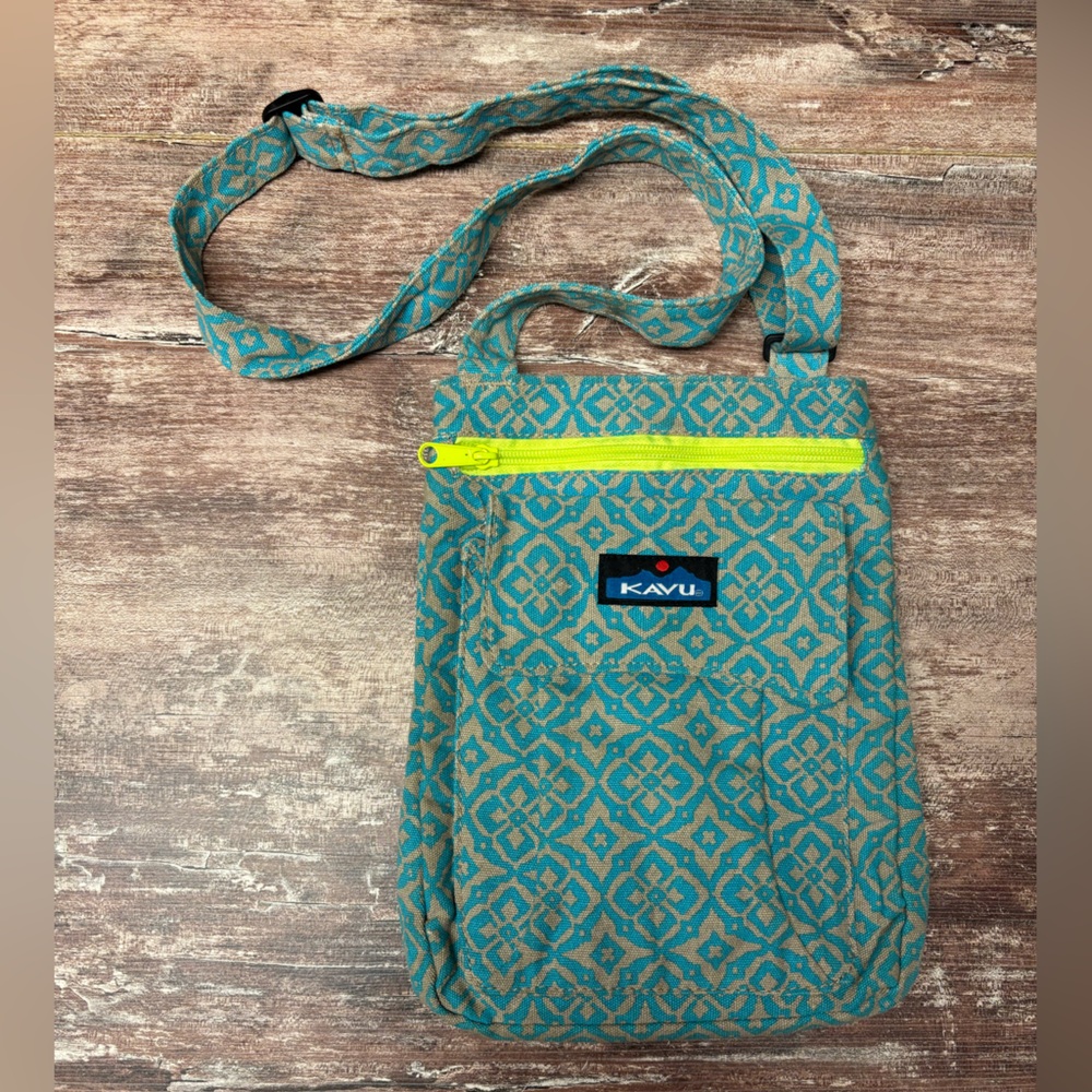 KAVU | VGUC Patterned Teal Yellow Bag Crossbody Strap Mini-Keeper Hippie Chic